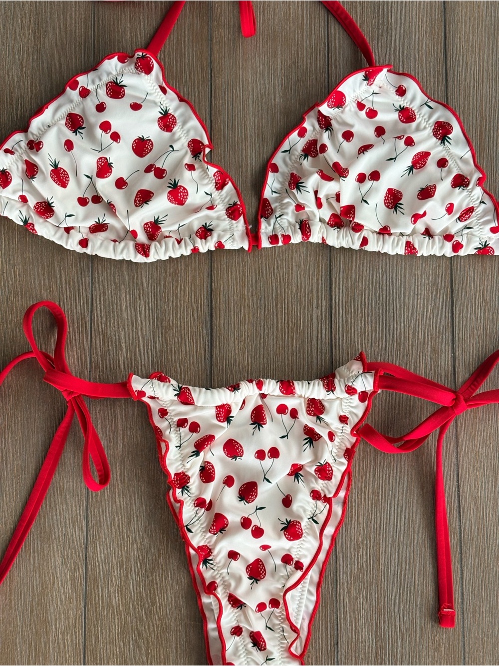 🍒🍓Pink by Frankie's Bikinis Red & White Cherry& Strawberry Print Triangle Bikini - Picture 2 of 5